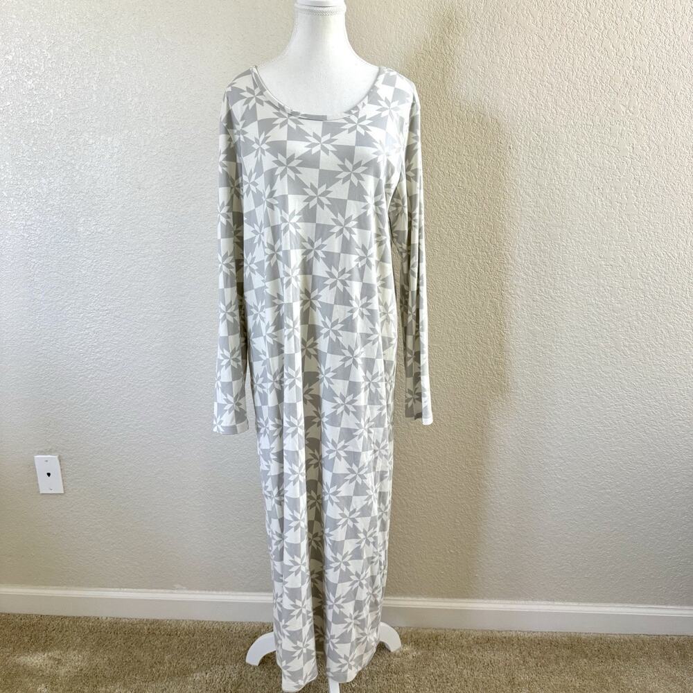 Lands End Large Maxi Dress Gray White Geometric Star Long Sleeve Cotton Nordic